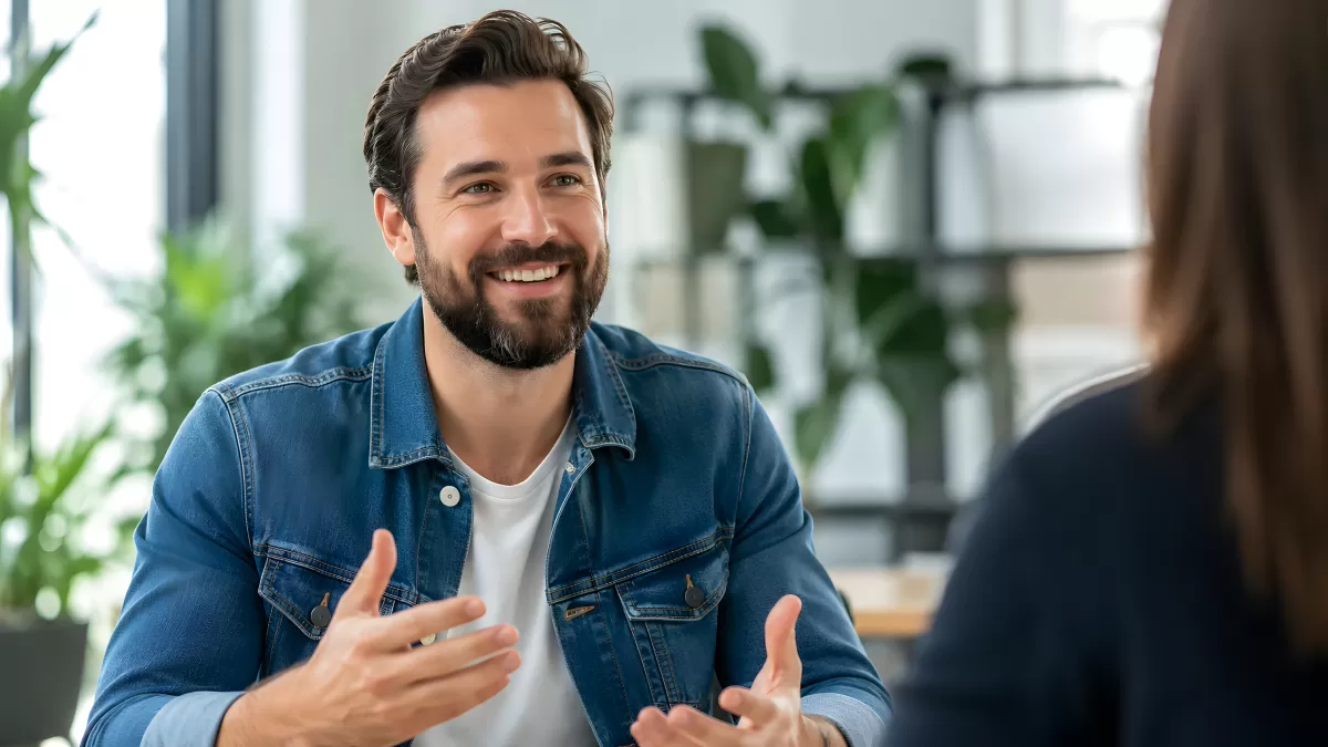 Mann im Gespräch lächelt seiner Gesprächspartnerin zu