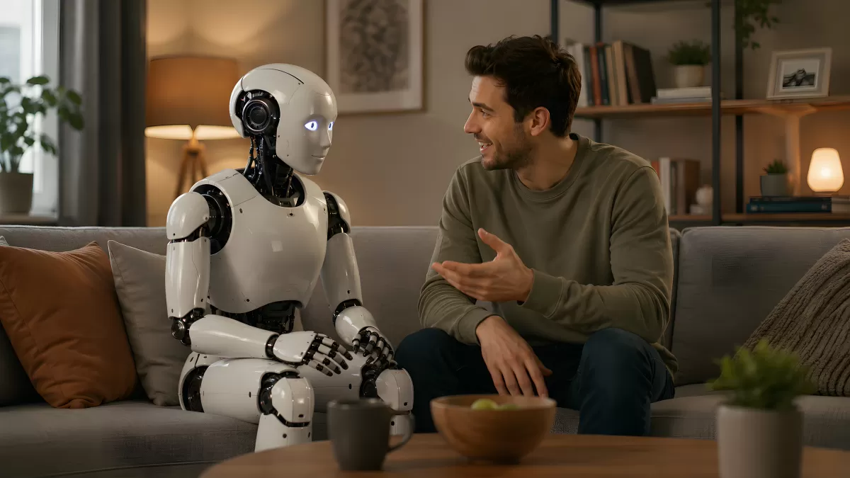 Mann im Gespräch mit humanoiden Roboter auf Sofa