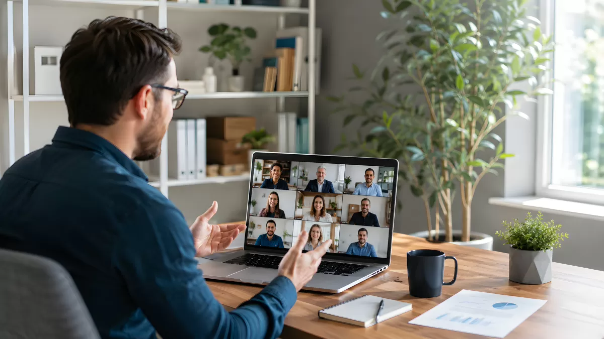 Mann im Homeoffice bei einer Videokonferenz am Laptop