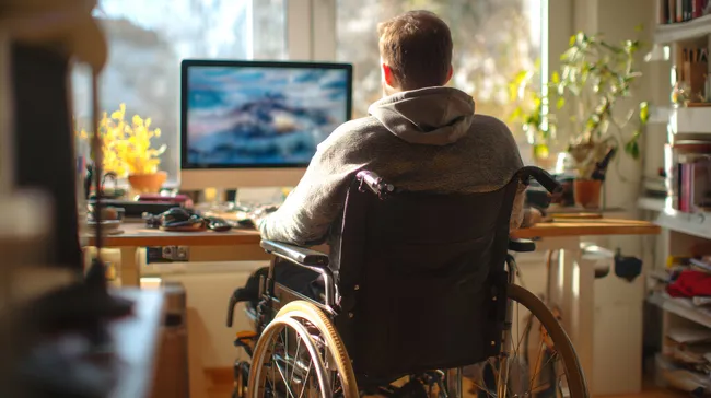 Mann im Rollstuhl arbeitet konzentriert am Computer
