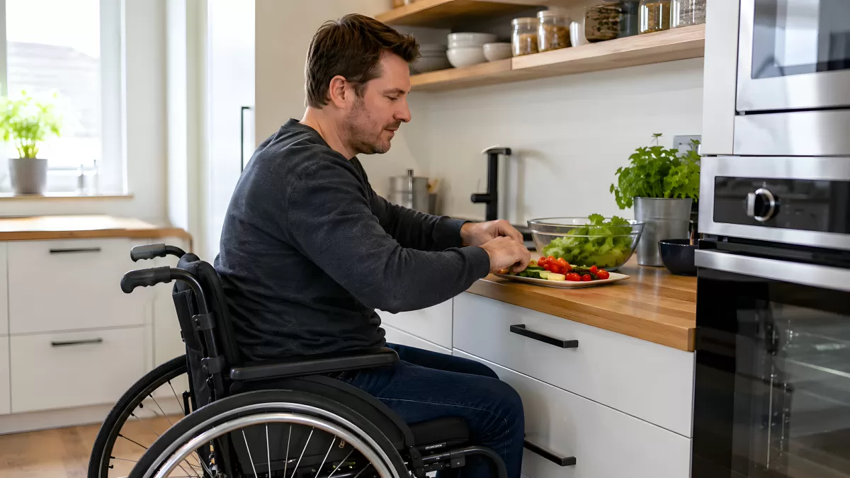 Mann im Rollstuhl bereitet Salat in der Küche zu