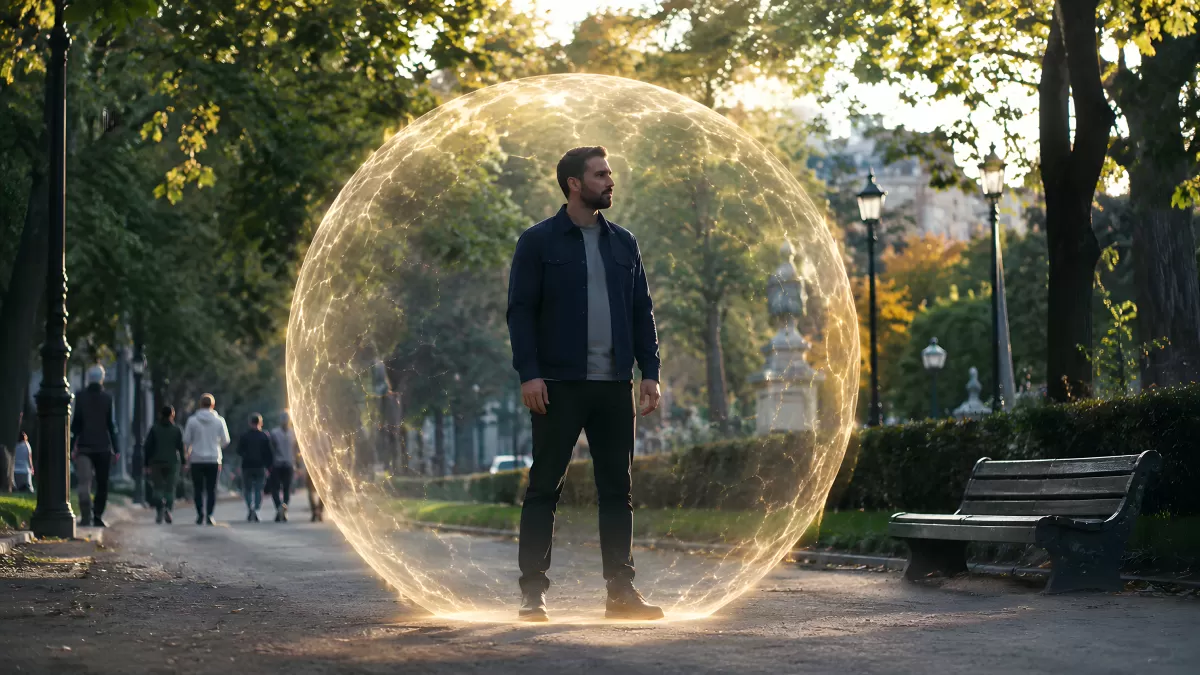 Mann in leuchtendem Energiefeld im Stadtpark