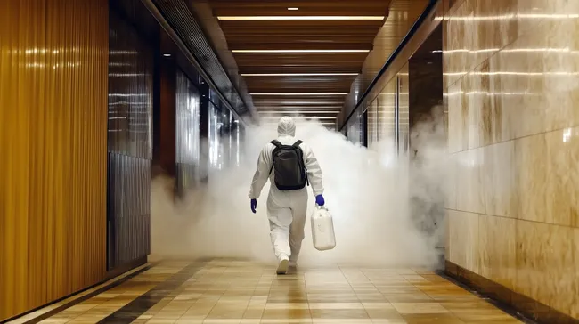 Mann in Schutzanzug mit Desinfektionsgerät in leerer Halle