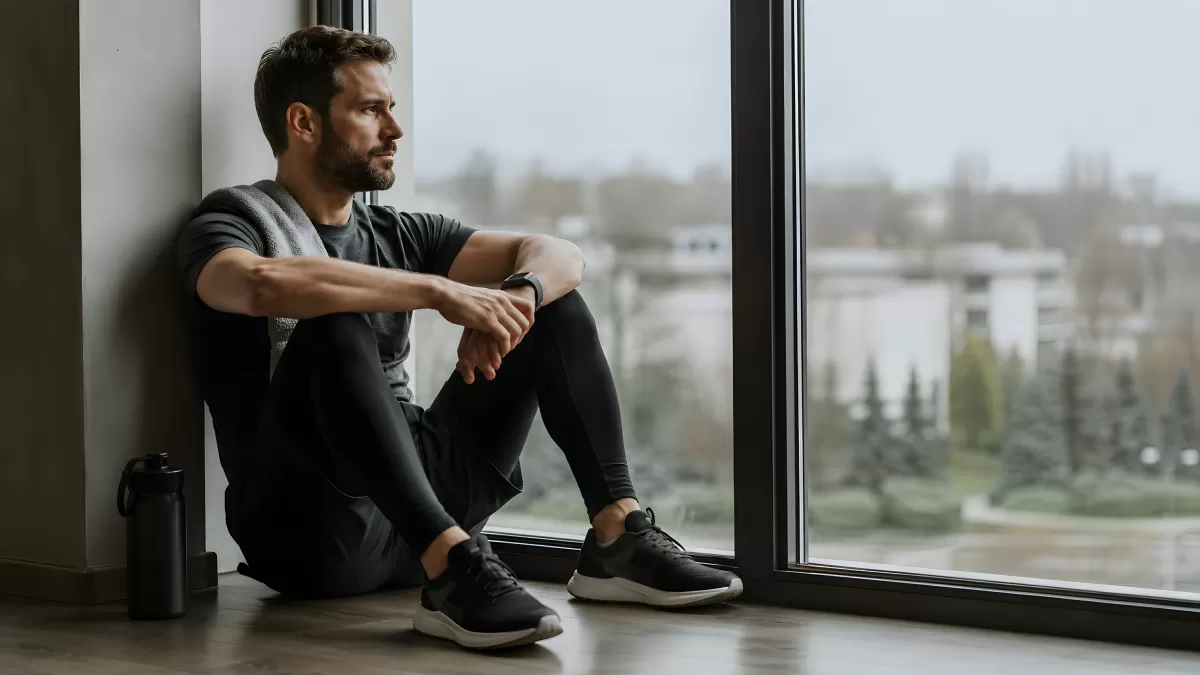 Mann in Sportkleidung sitzt nachdenklich am Fenster
