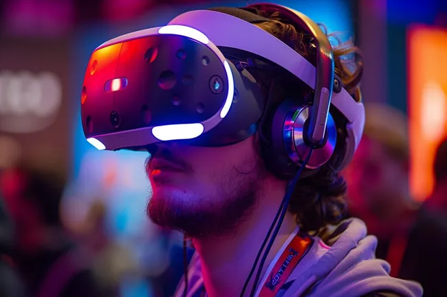 Mann in virtueller Realitätsbrille mit Kopfhörern