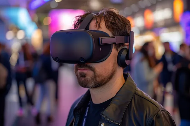 Mann in VR-Brille auf bunter Straße