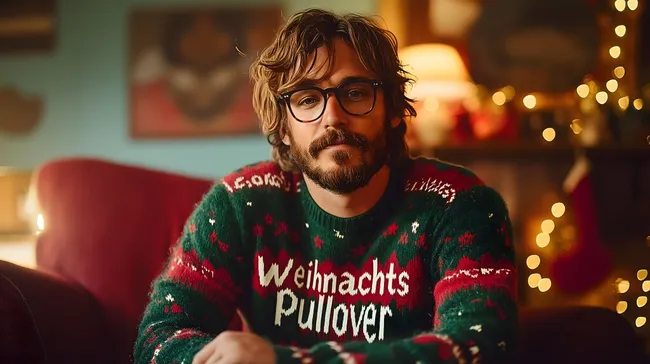 Mann in Weihnachtspullover mit Schriftzug und Muster