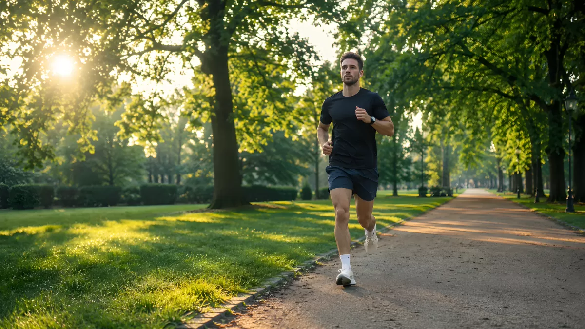 Mann joggt bei Sonnenaufgang durch grünen Park — Bild kostenlos herunterladen