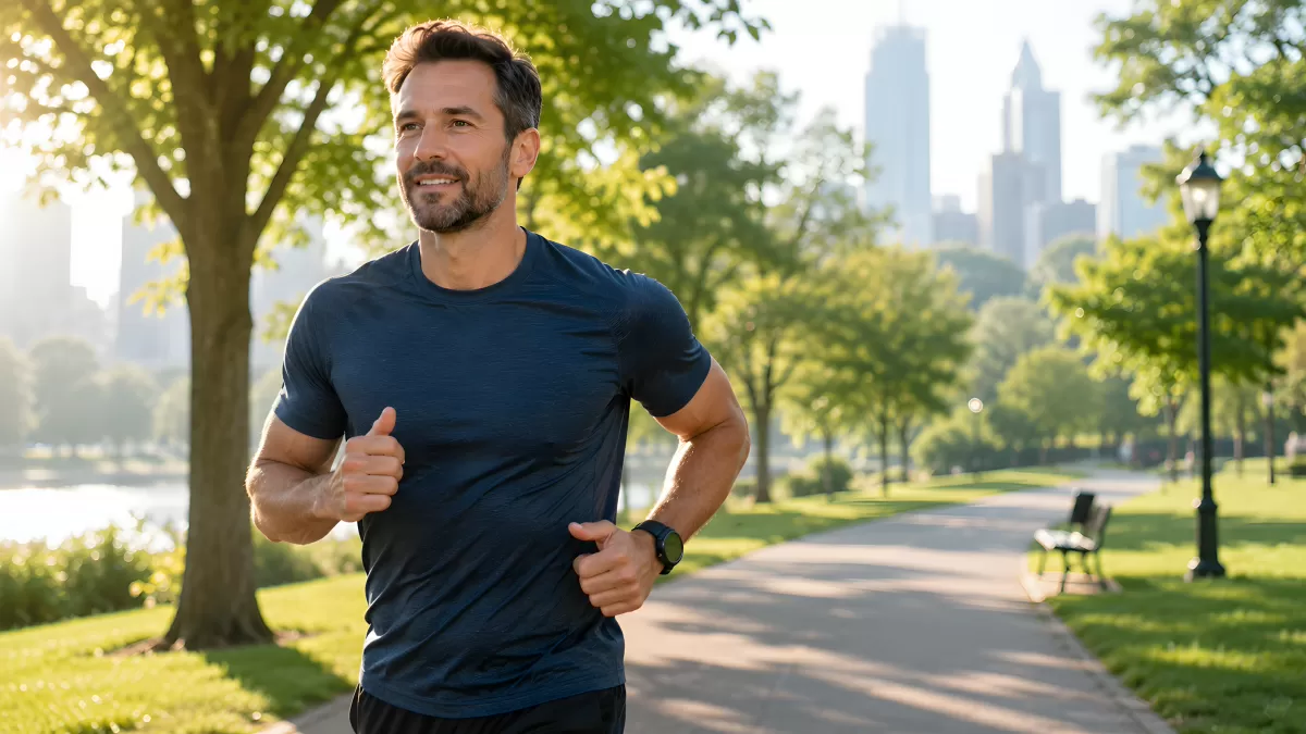 Mann joggt lächelnd durch sonnigen Stadtpark