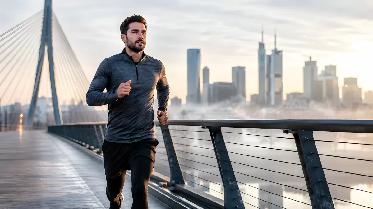 Mann joggt morgens über Brücke mit Stadtsilhouette