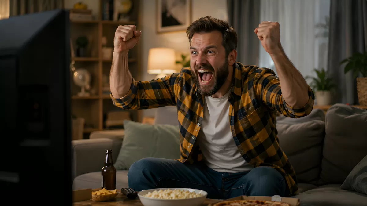 Mann jubelt beim Sportschauen auf dem Sofa zuhause