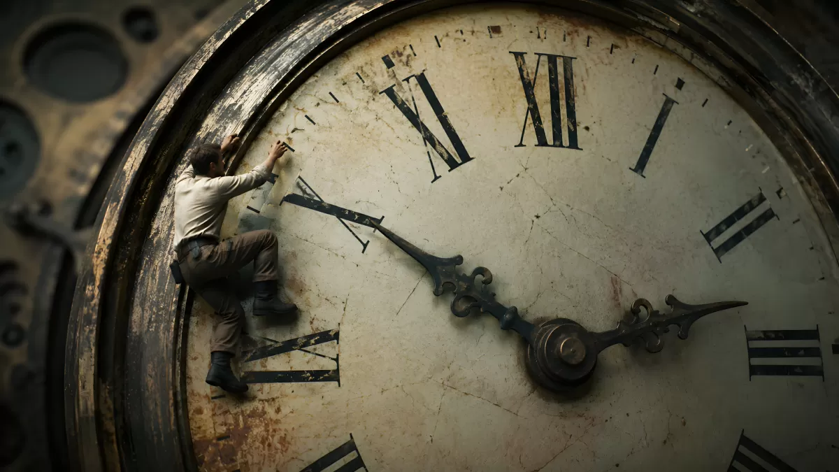 Mann klettert an riesiger alter Uhr – surreales Bild
