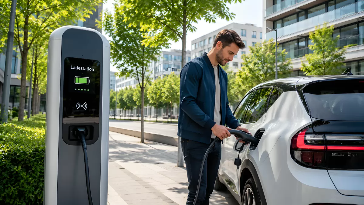Mann lädt Elektroauto an städtischer Ladestation