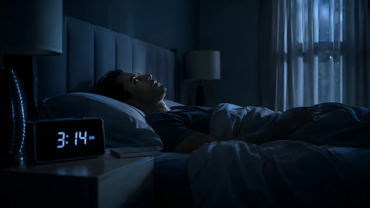 Mann liegt nachts wach im Bett bei 3:14 Uhr