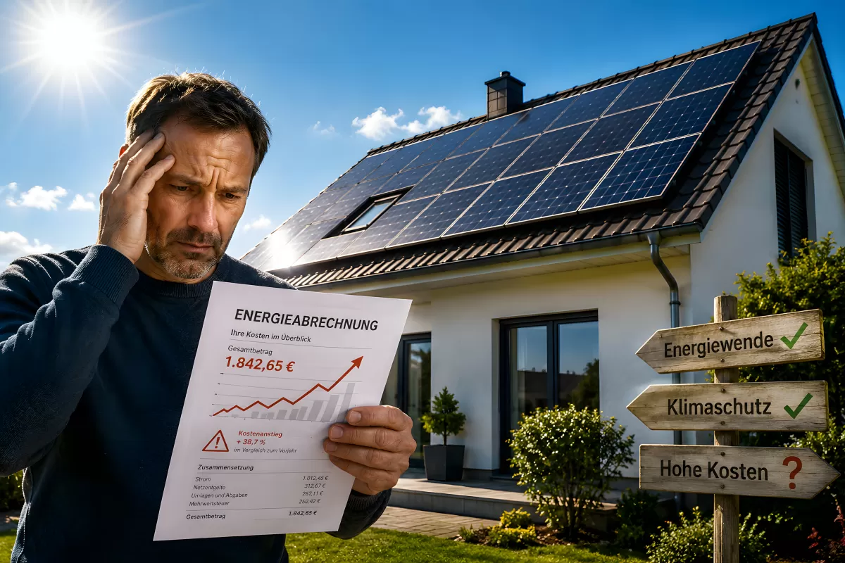 Mann liest hohe Energierechnung vor Haus mit Solaranlage