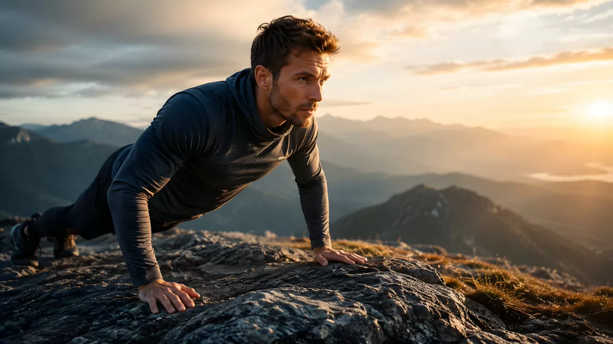 Mann macht Liegestützen auf Berggipfel bei Sonnenuntergang