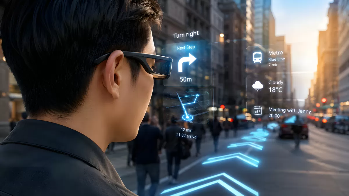 Mann mit AR-Brille navigiert durch belebte Stadtstraße
