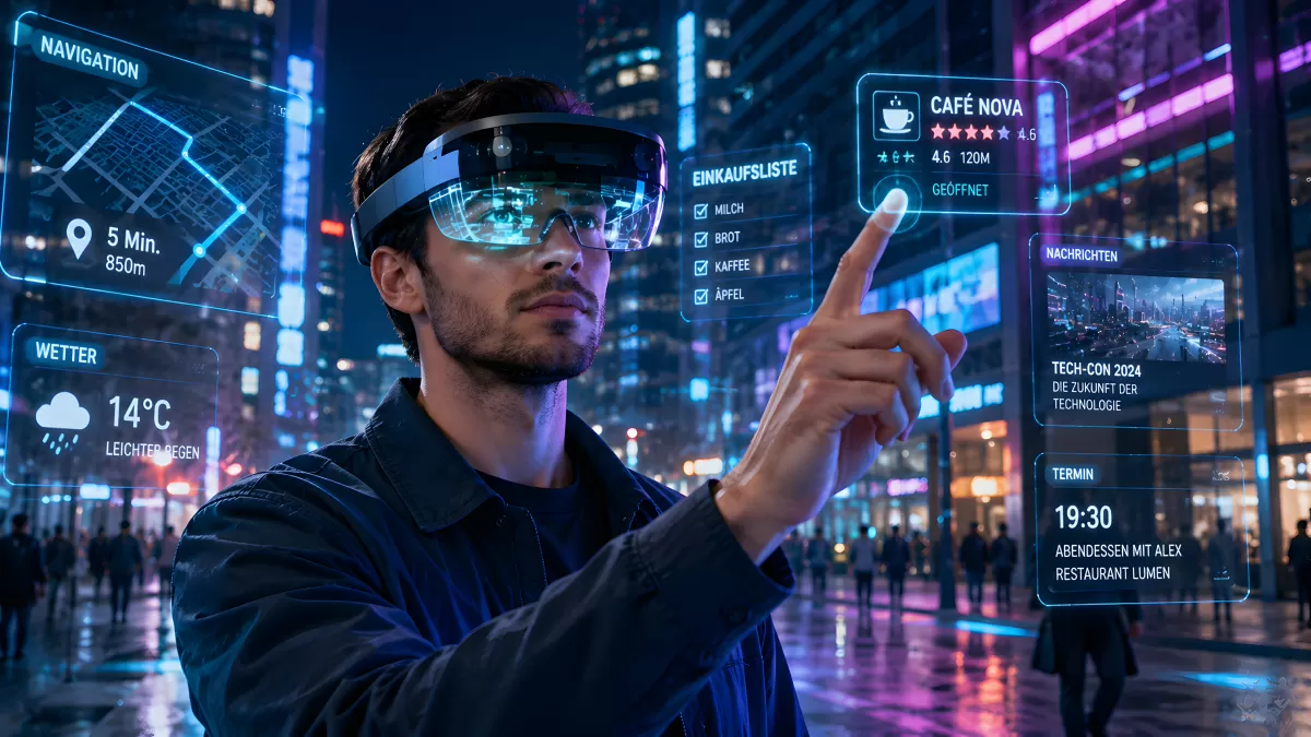 Mann mit AR-Brille navigiert durch digitale Stadtansicht