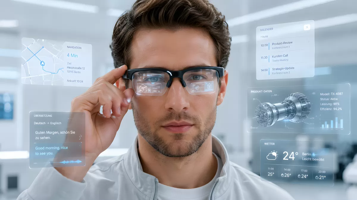 Mann mit AR-Brille und holografischen Datenanzeigen
