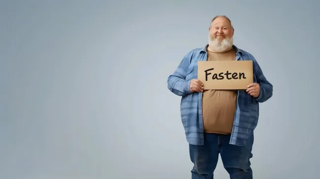 Mann mit Bart hält Schild 'Fasten' vor neutralem Hintergrund