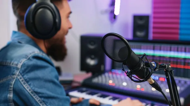 Mann mit Bart nimmt in Audioaufnahme-Studio Podcast auf