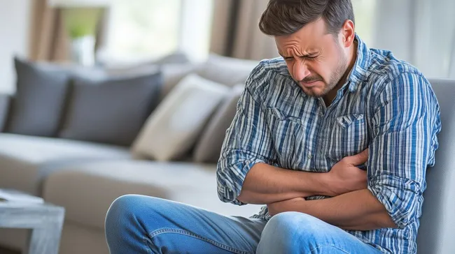 Mann mit Bauchschmerzen sitzt auf dem Sofa
