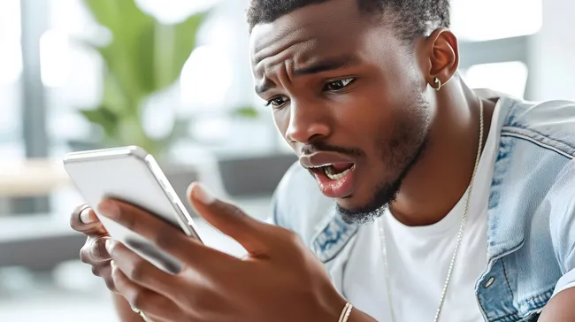 Mann mit besorgtem Gesichtsausdruck überprüft sein Smartphone