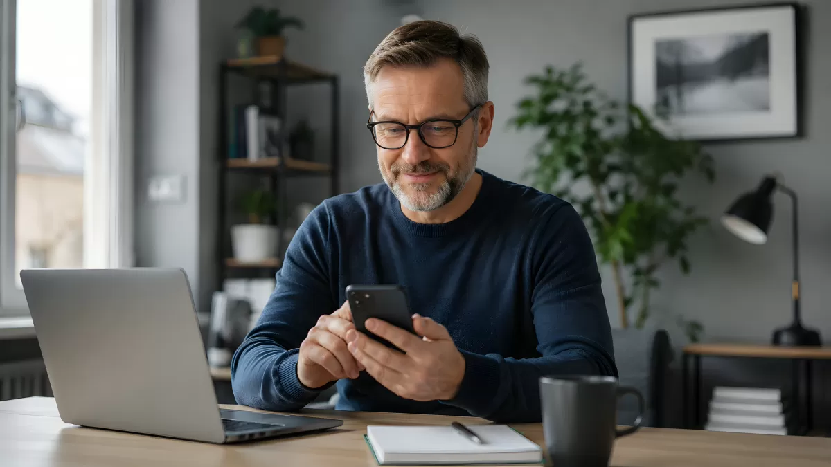 Mann mit Brille arbeitet am Smartphone im Homeoffice