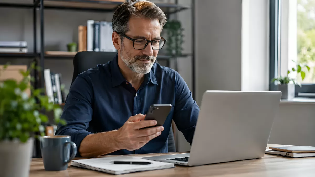 Mann mit Brille arbeitet im Büro an Laptop und Smartphone