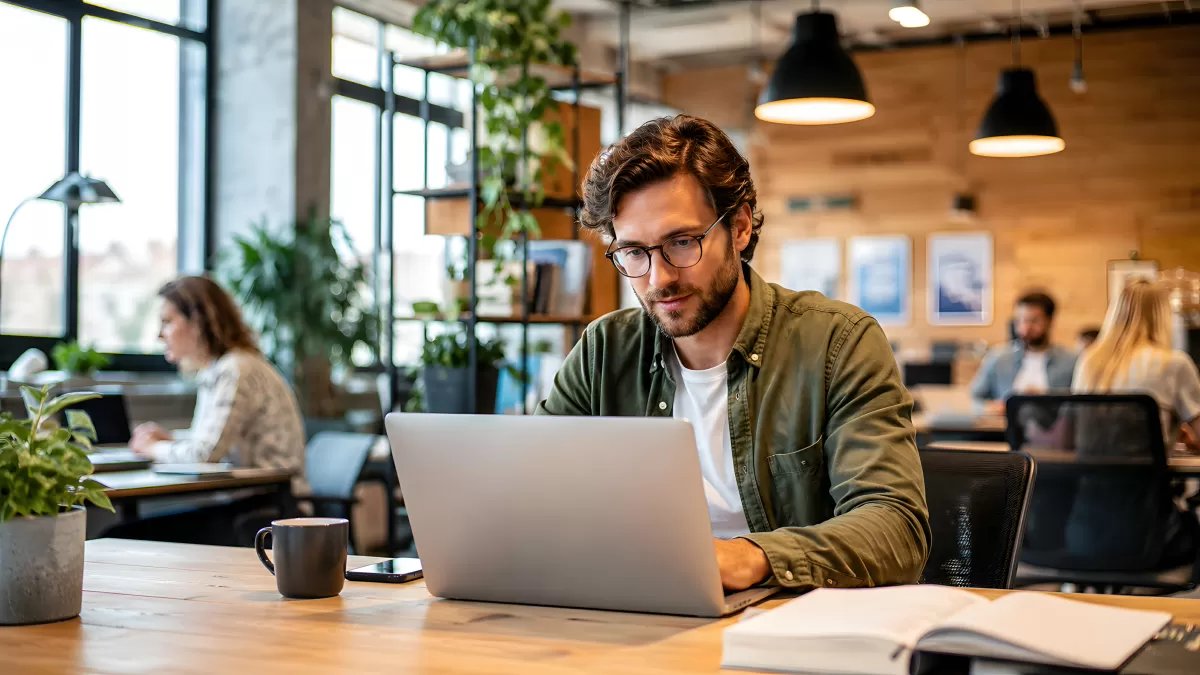Mann mit Brille arbeitet im modernen Coworking-Space