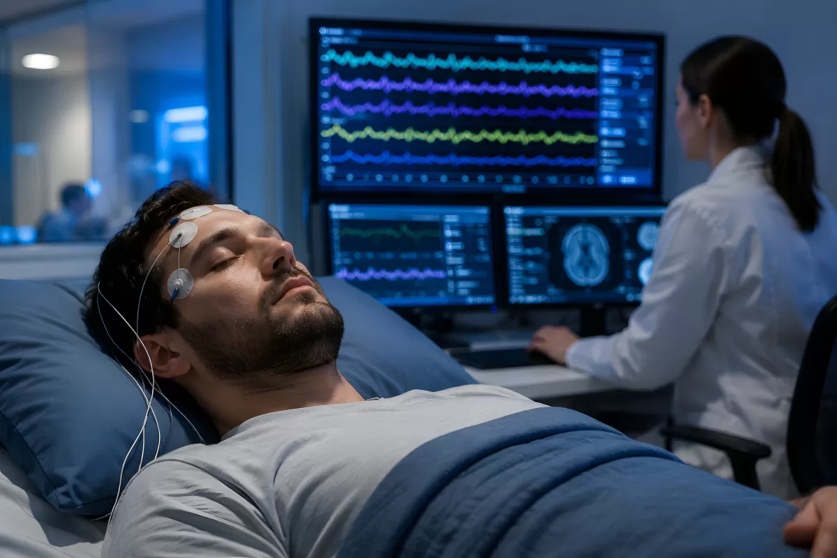 Mann mit EEG-Elektroden bei Schlafuntersuchung im Labor