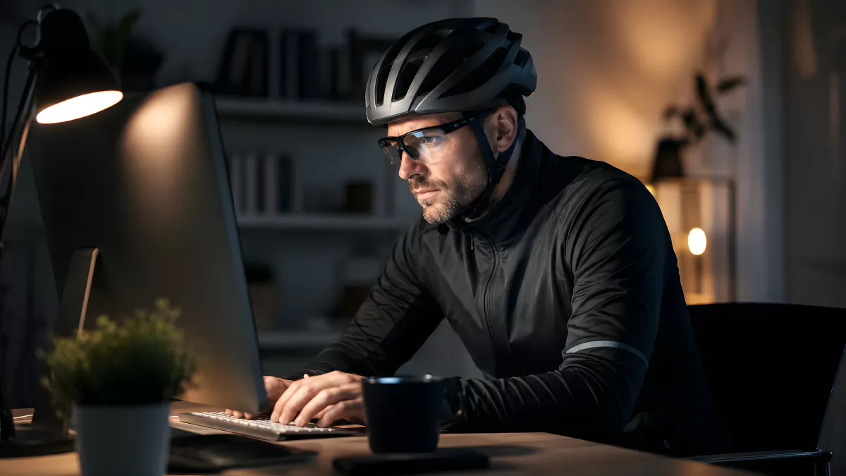 Mann mit Fahrradhelm arbeitet nachts am Computer
