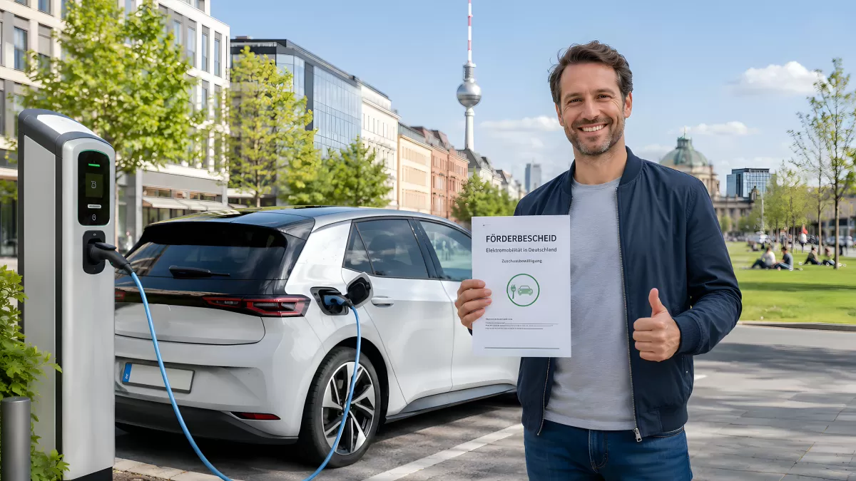 Mann mit Förderbescheid neben Elektroauto in Berlin