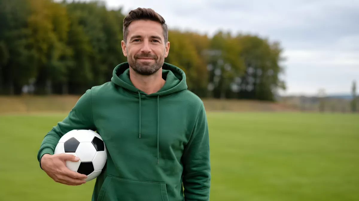 Mann mit Fußball auf grünem Rasenplatz im Herbst