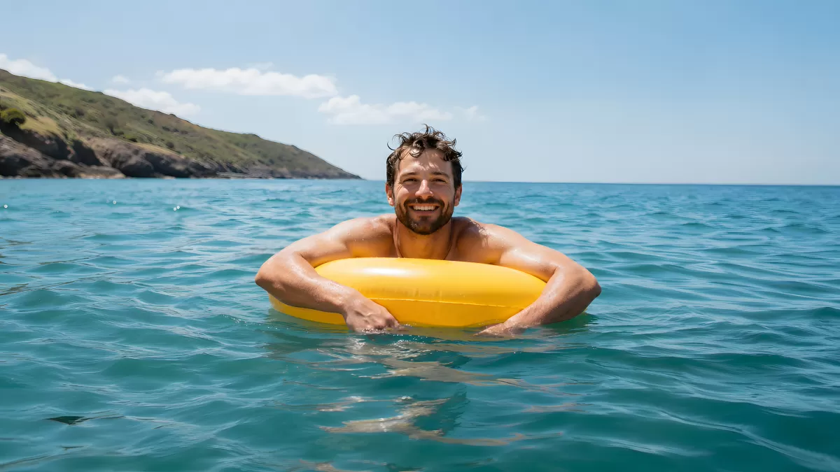 Mann mit gelbem Schwimmring im blauen Meer
