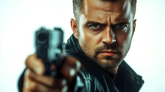 Mann mit gezogener Waffe und intensivem Blick