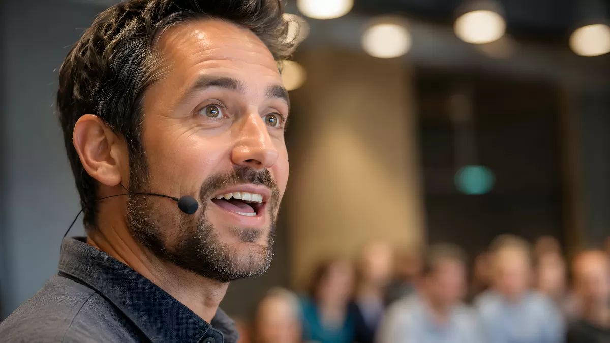 Mann mit Headset-Mikrofon spricht vor Publikum