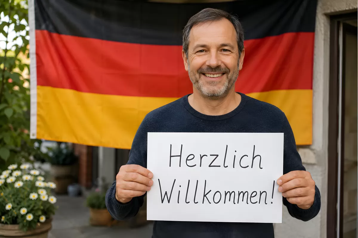 Mann mit Herzlich-Willkommen-Schild vor Deutschlandflagge