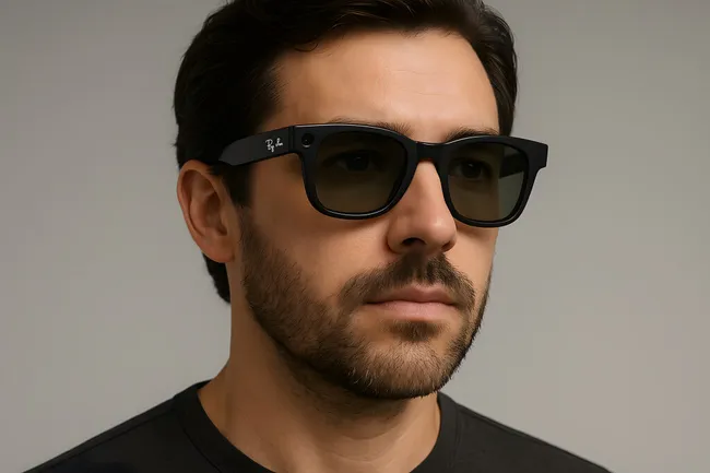 Mann mit intelligenter Sonnenbrille in neutraler Umgebung