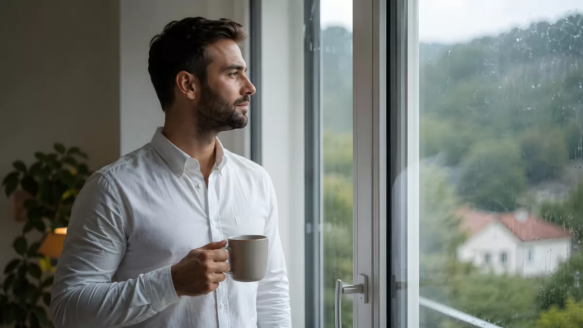 Mann mit Kaffeetasse blickt nachdenklich aus dem Fenster