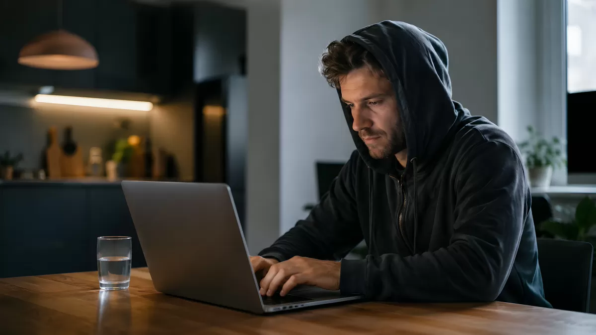 Mann mit Kapuze arbeitet nachts am Laptop