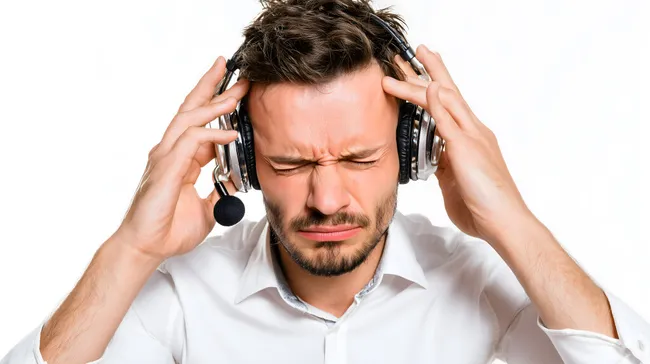 Mann mit Kopfhörern hält Kopf in Frustration