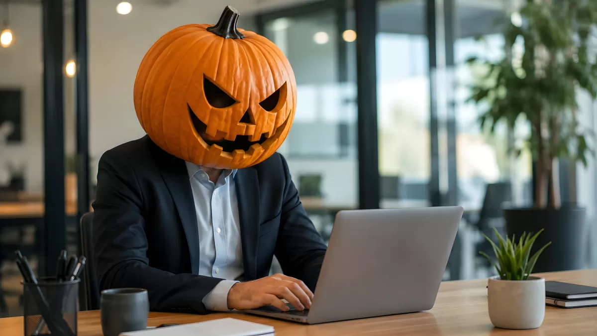Mann mit Kürbiskopf arbeitet im Büro am Laptop