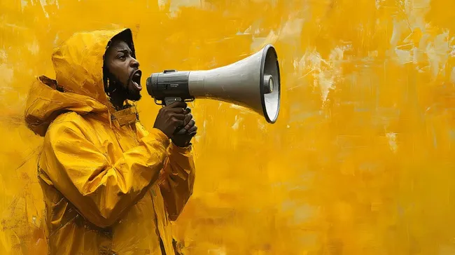 Mann mit Megafon vor gelbem Hintergrund