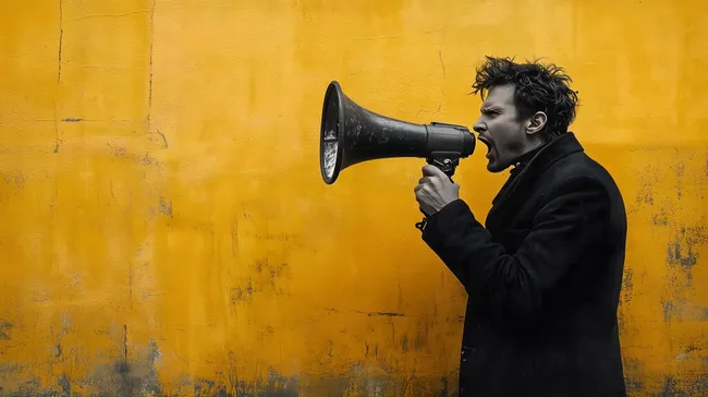 Mann mit Megafon vor gelber Wand beim Sprechen