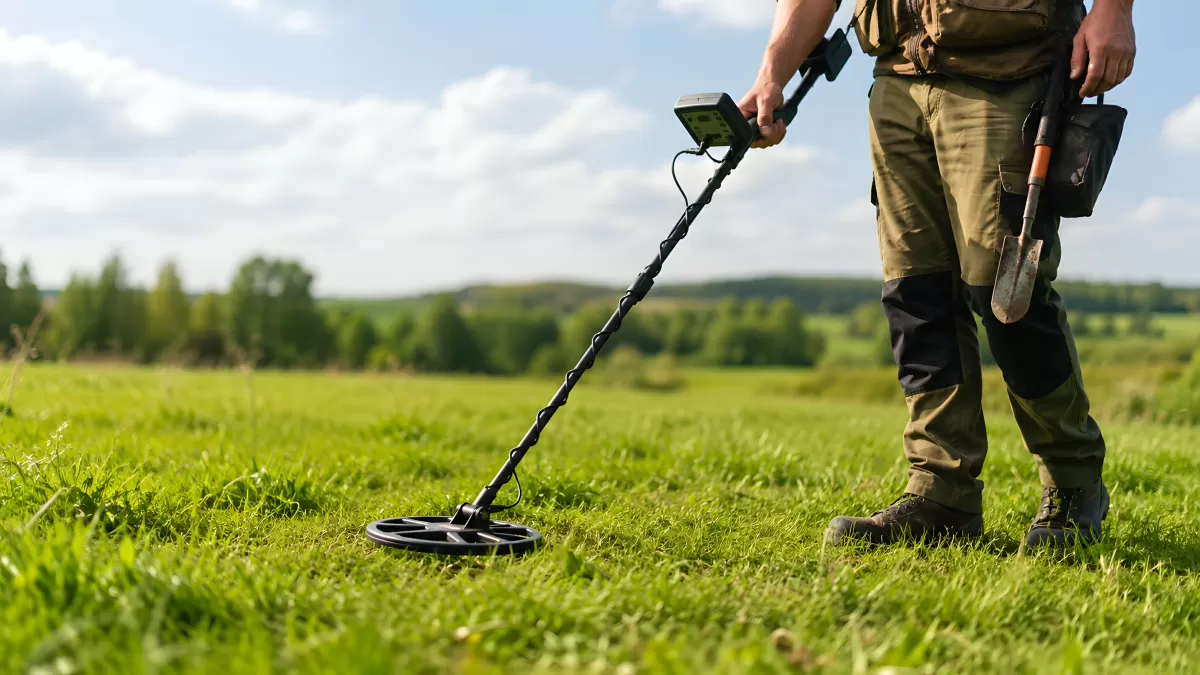 Mann mit Metalldetektor sucht auf grüner Wiese