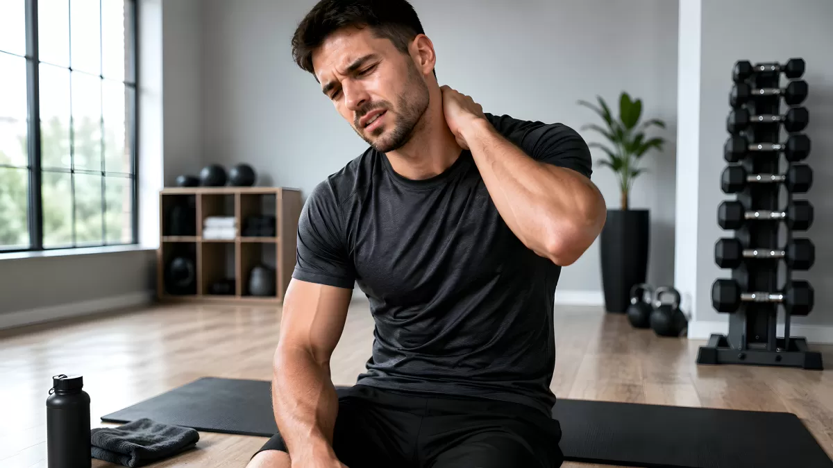 Mann mit Nackenschmerzen beim Training im Fitnessstudio