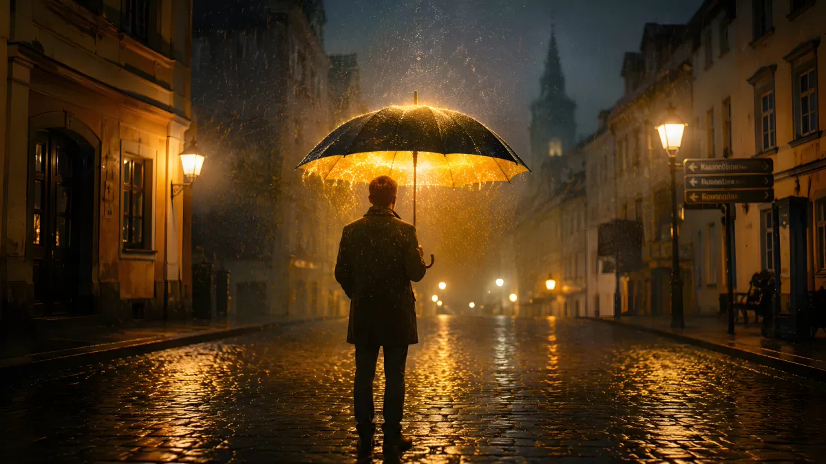 Mann mit Regenschirm auf nassem Kopfsteinpflaster bei Nacht