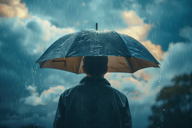 Mann mit Regenschirm im Regen