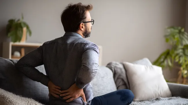 Mann mit Rückenschmerzen sitzt auf Sofa